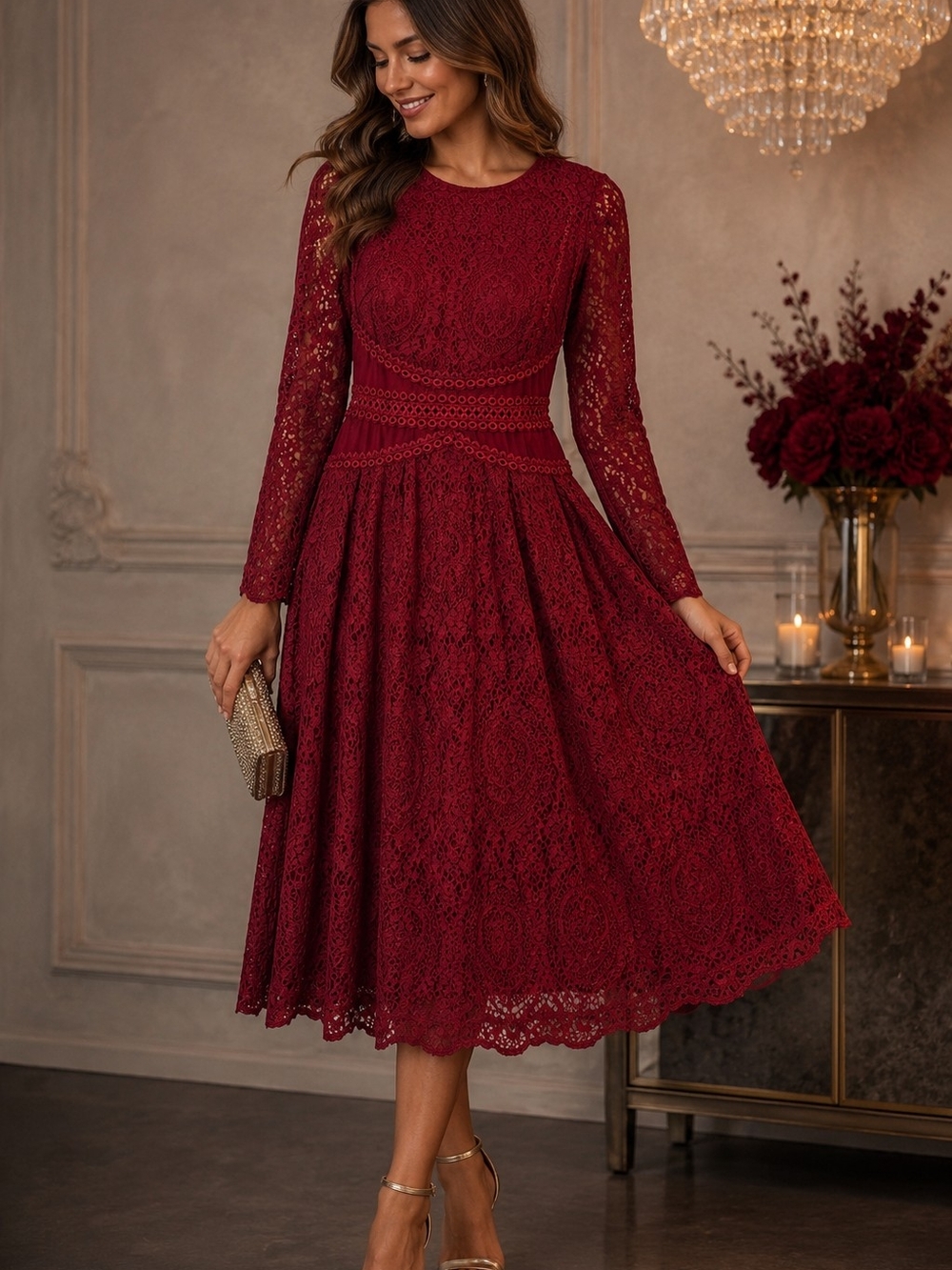 ASOS Burgundy Lace Midi Dress Size 8 | Long Sleeve Cocktail Holiday